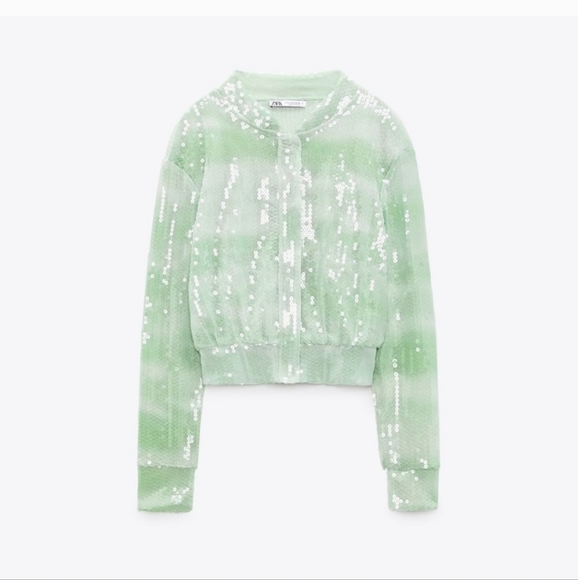 ZARA SEQUINNED TULLE BOMBER JACKET GREENS sz S - Picture 3 of 7